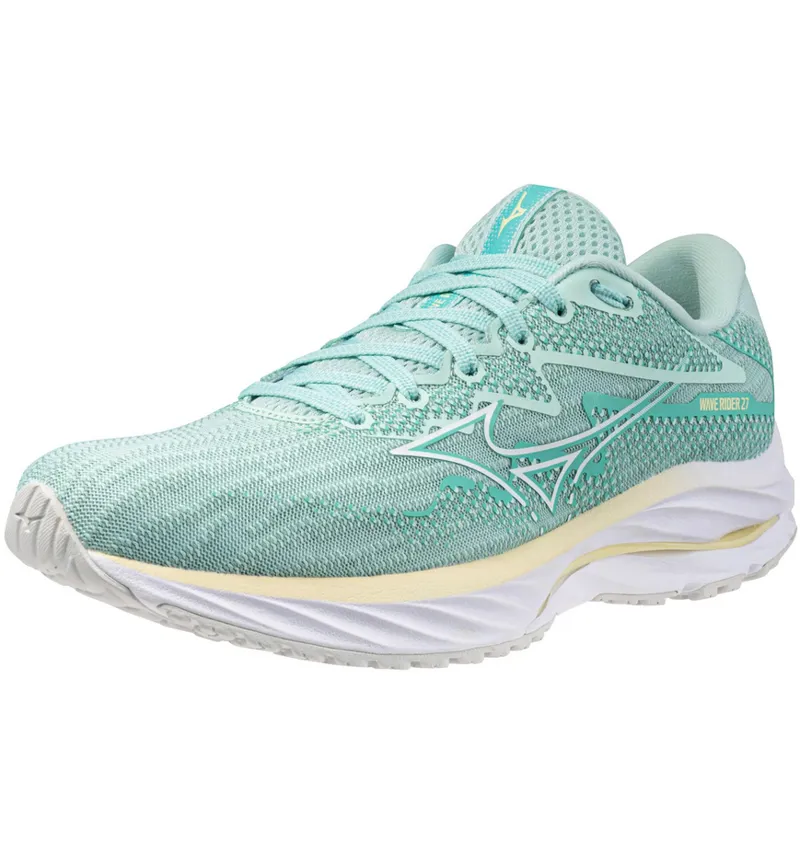 Mizuno Women's Wave Rider 27 Running Shoes Eggshell Blue/White/Anise Flower-2